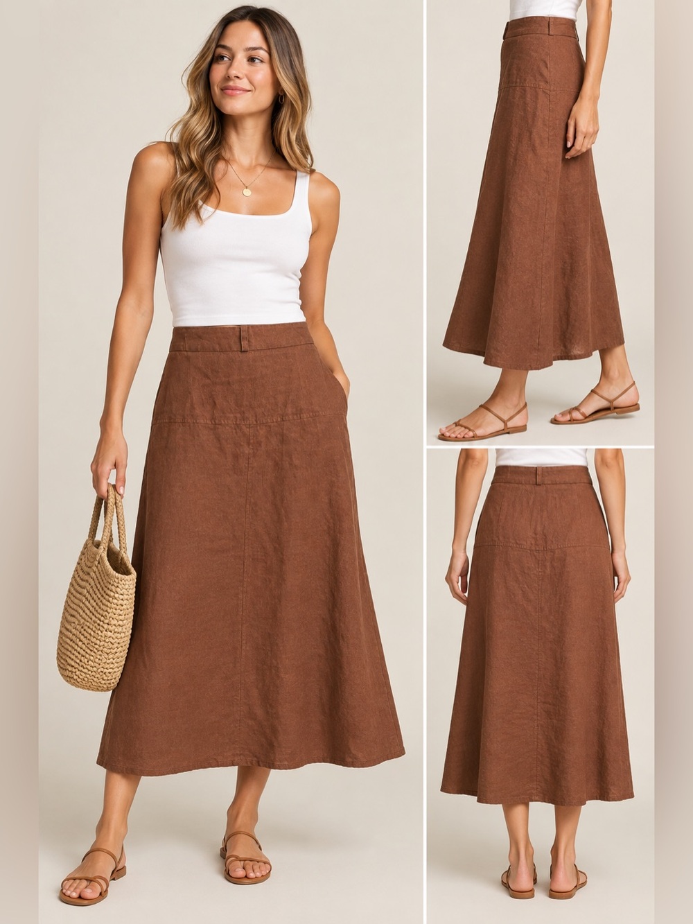 Carole Little Women’s Brown 100% Linen A-Line Midi Skirt Size 14
